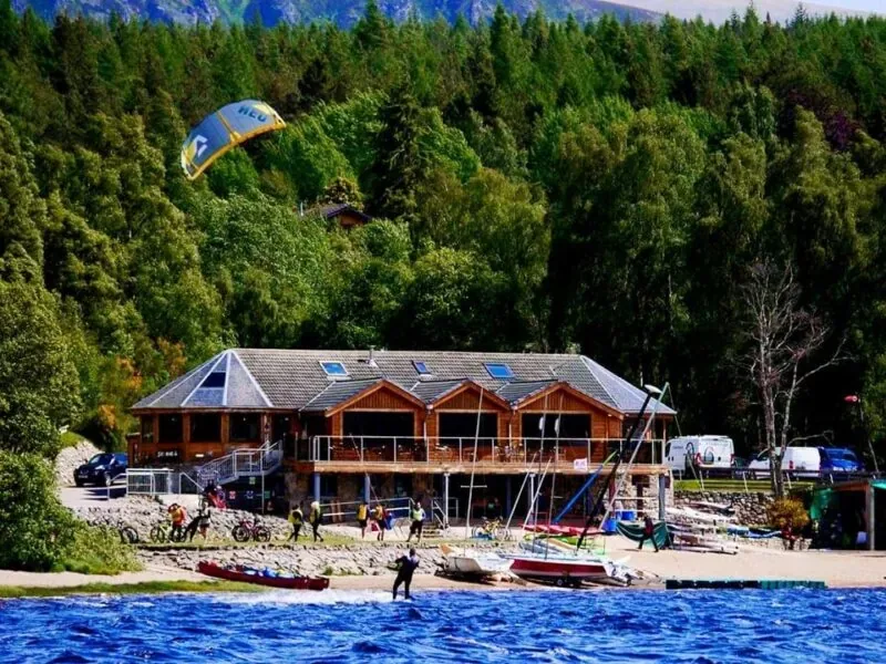 Loch Insh Outdoor Centre on the shore of the loch