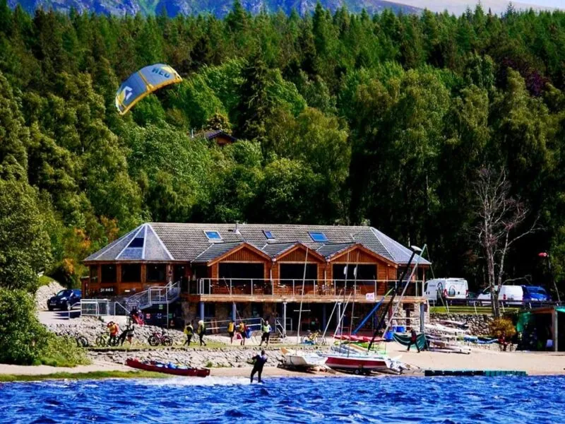 Loch Insh Outdoor Centre on the shore of the loch